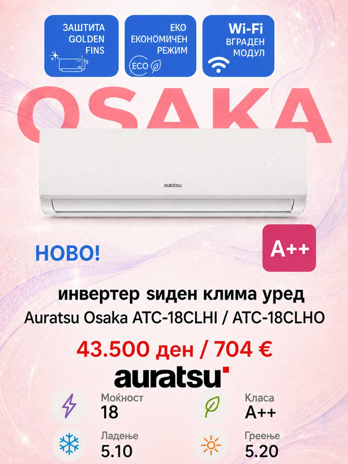 Клима уред Auratsu Osaka ATC-18CLHI/ATC-18CLHO — цена 43.500 ден. (704 €)