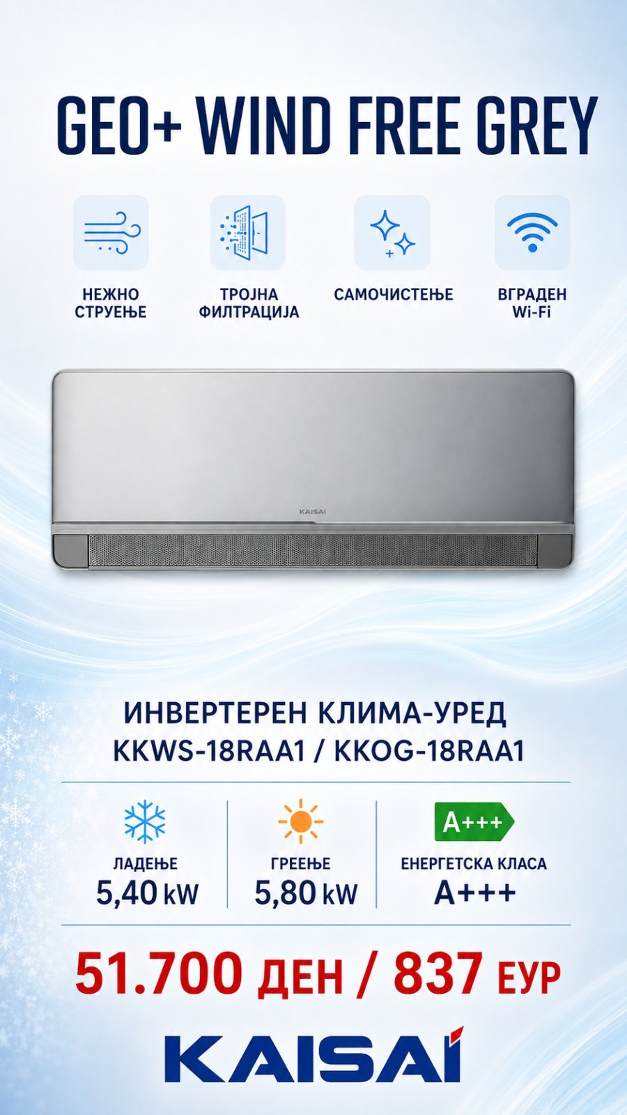 Клима уред Kaisai Geo+ Wind Free Grey KKWS-18RAA1/KKOG-18RAA1 — цена 51.700 ден. (837 €)