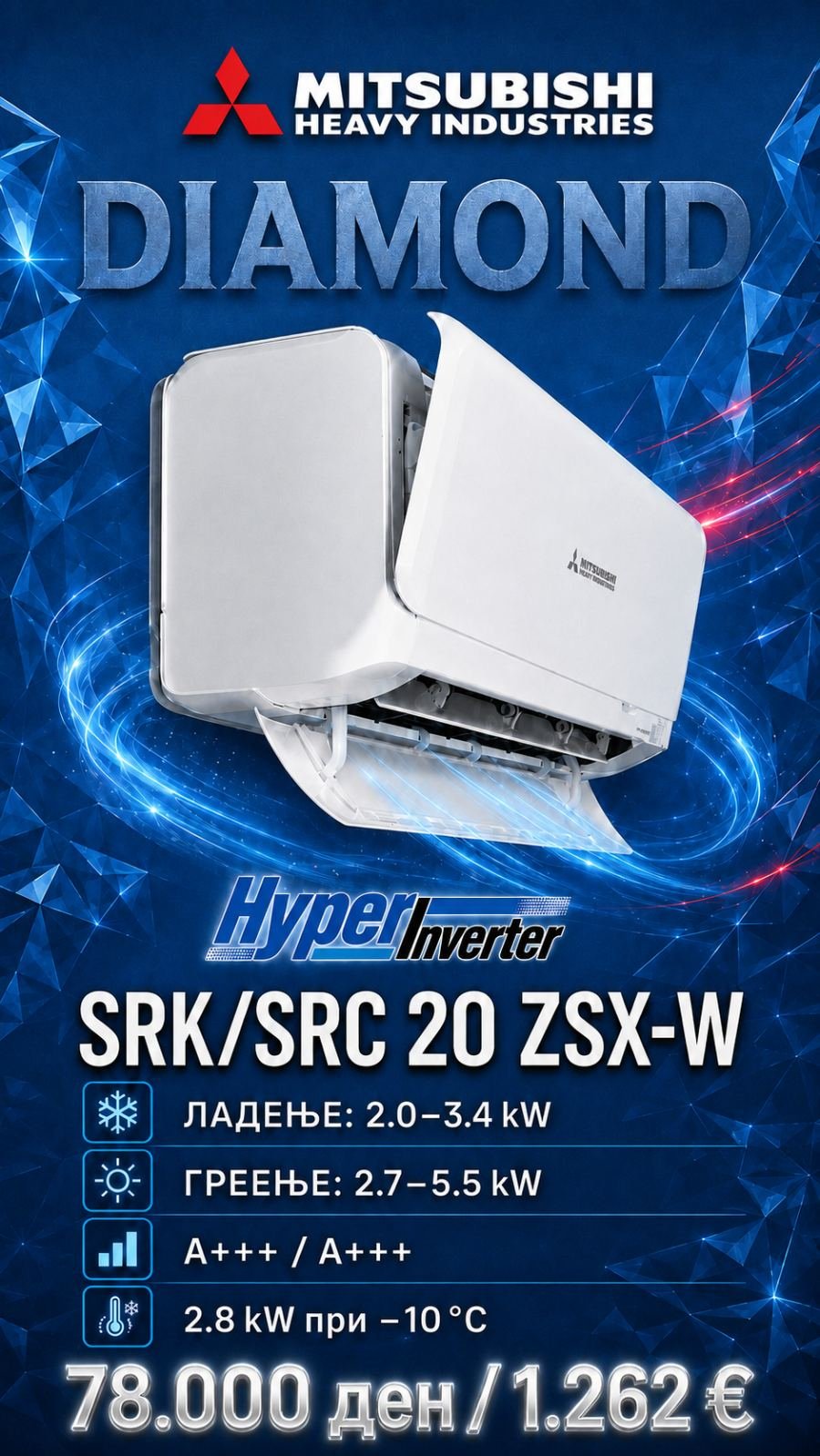 Клима уред Mitsubishi Heavy Industries Diamond SRK/SRC 20 ZSX-W — цена 78.000 ден. (1.262 €)