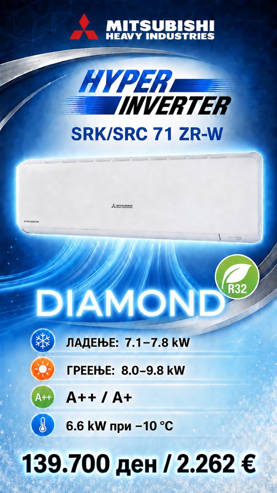 Клима уред Mitsubishi Heavy Industries Diamond Hyper Inverter SRK/SRC 71 ZR-W — цена 139.700 ден. (2.262 €)