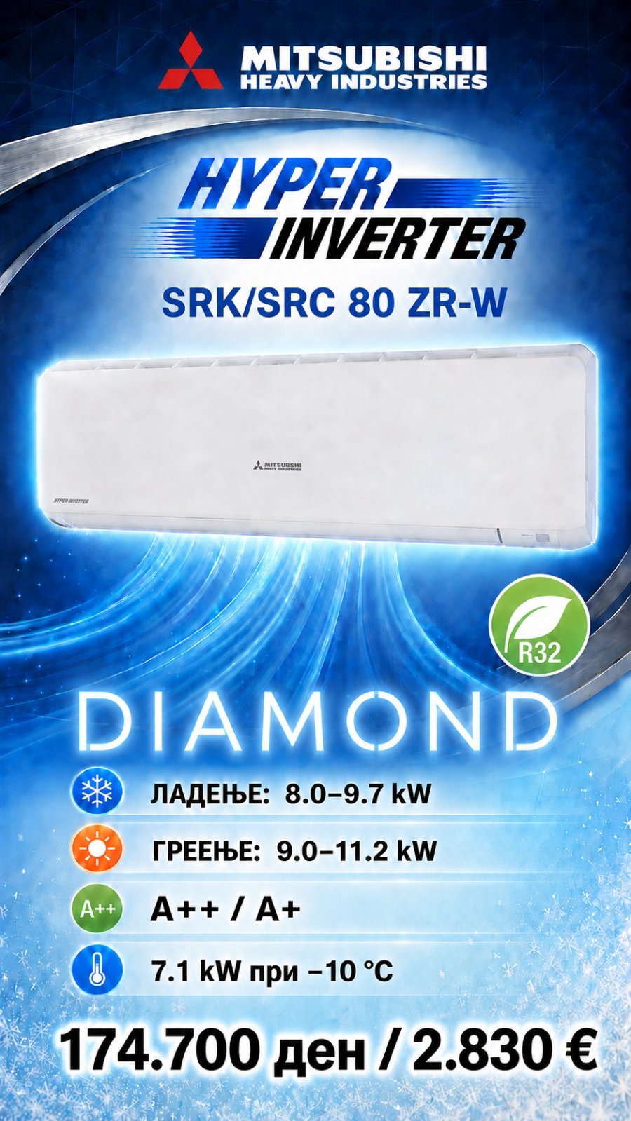 Клима уред Mitsubishi Heavy Industries Diamond Hyper Inverter SRK/SRC 80 ZR-W — цена 174.700 ден. (2.830 €)