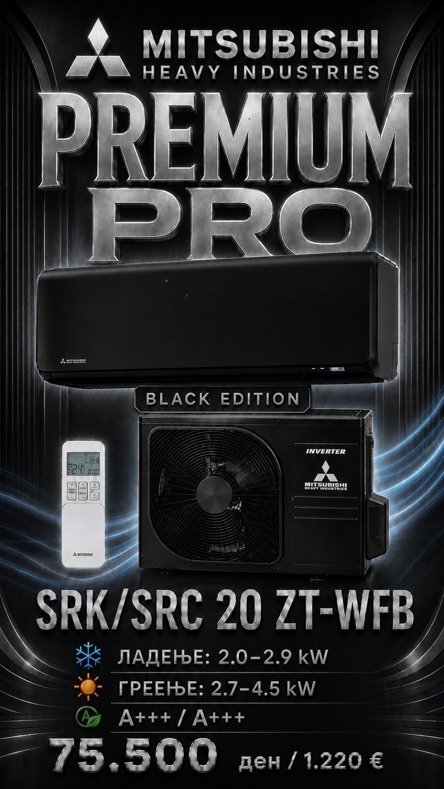Клима уред Mitsubishi Heavy Industries Premium Pro Black SRK/SRC 20 ZT-WFB — цена 75.500 ден. (1.220 €)