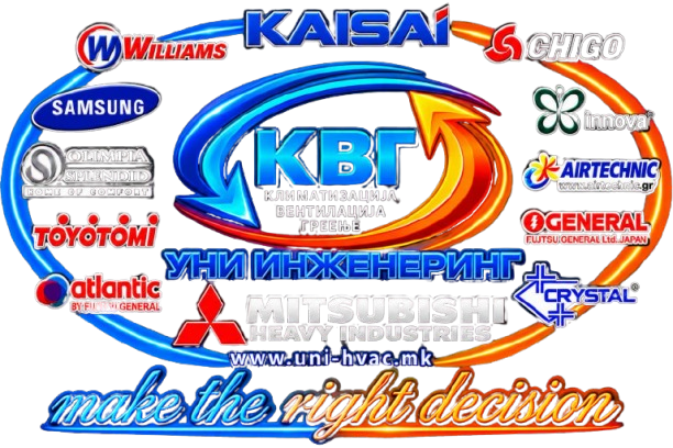 Брендови со кои работиме — Mitsubishi Heavy Industries, Kaisai, Chigo, Williams, Innova, Samsung, Olimpia Splendid, General, Atlantic, Toyotomi, Crystal, Airtechnic