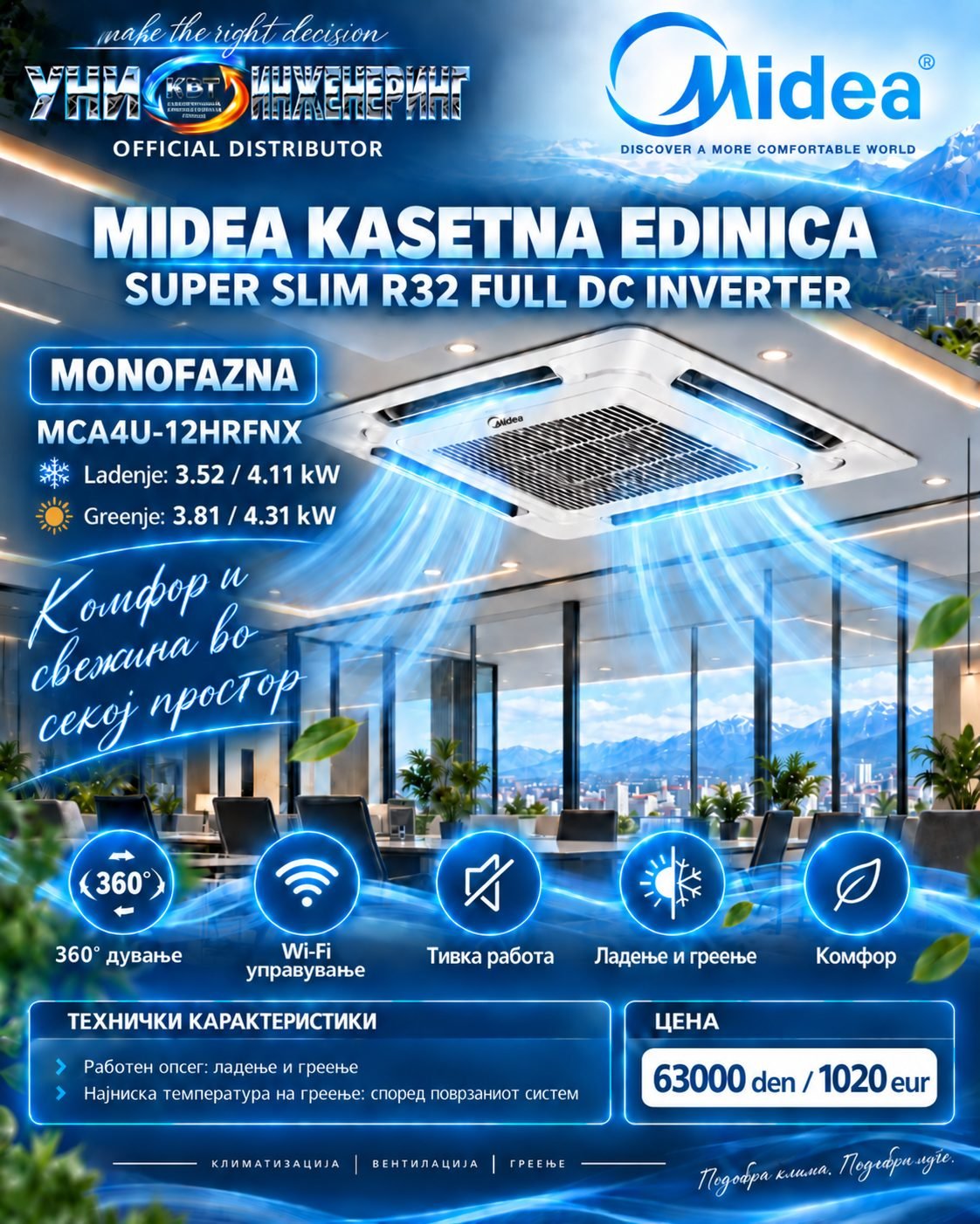 Инвертерен касетен клима уред Midea 2