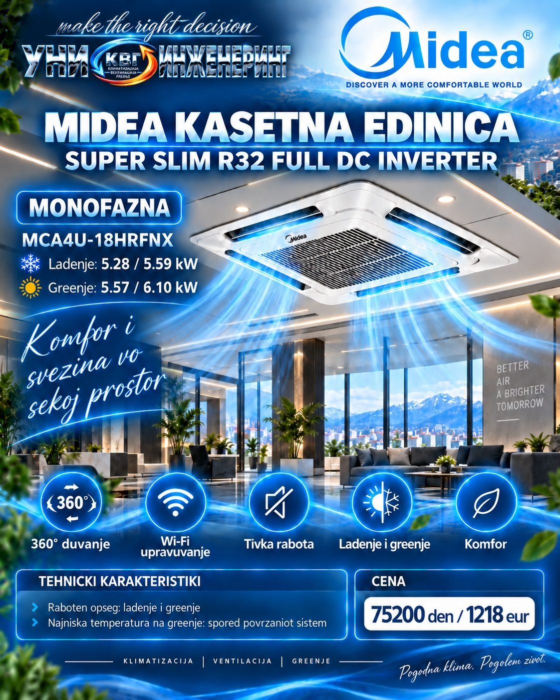 Инвертерен касетен клима уред Midea 3